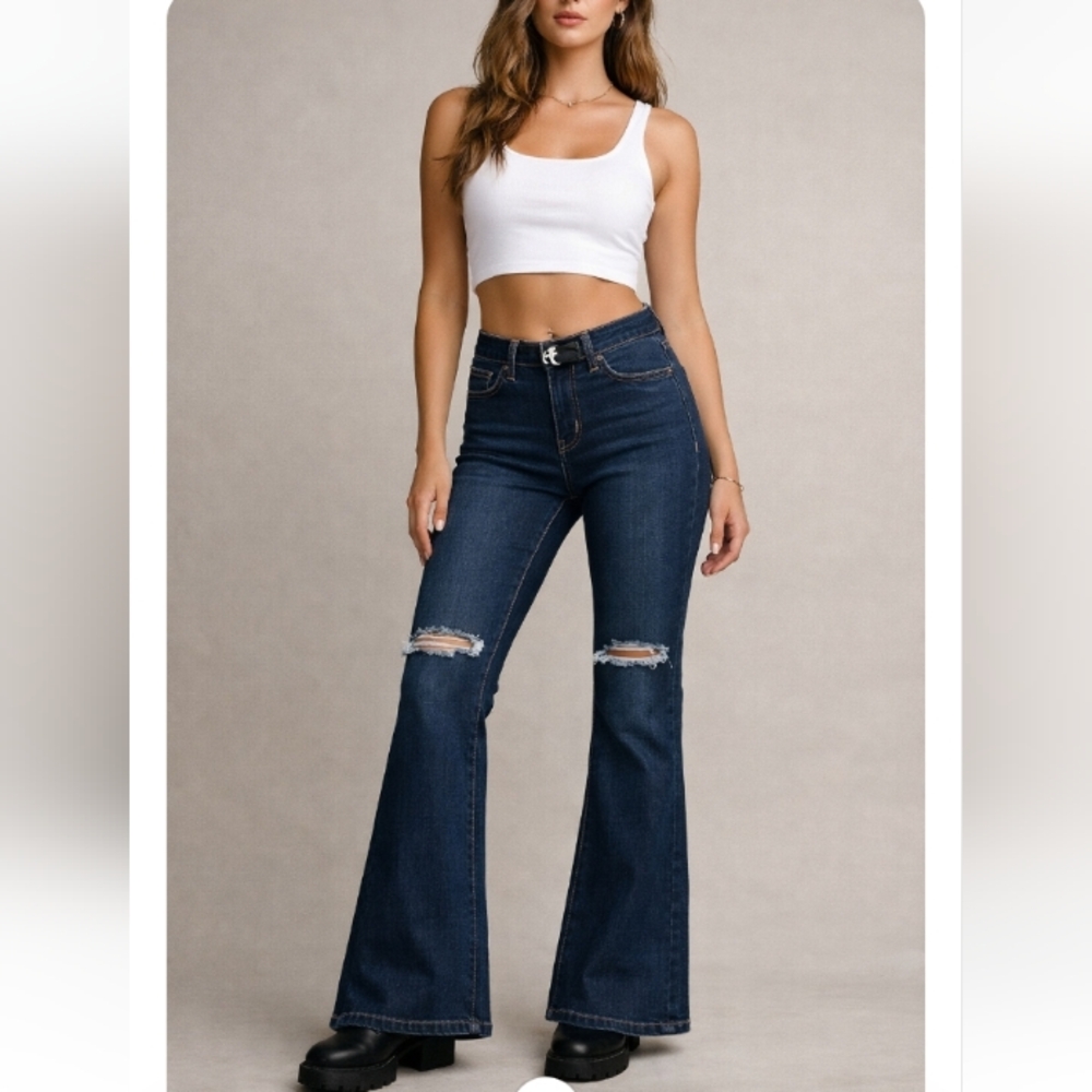 Carmar NWT Mid Rise Distressed Flare Jeans Dark Wash Size 26 $188 Retail